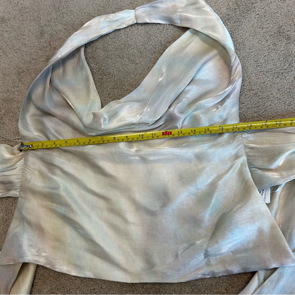 Zara ivory pearlescent ombre satin open back draped Cowl neck halter top Sz XL - Picture 7 of 11